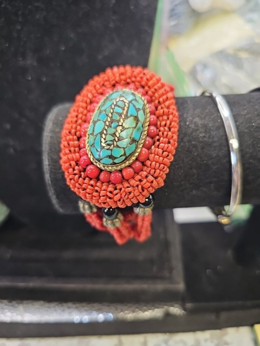 Bracelet8"inches Bead center Turquoise Inlay multi-strand Button Toggle Closure